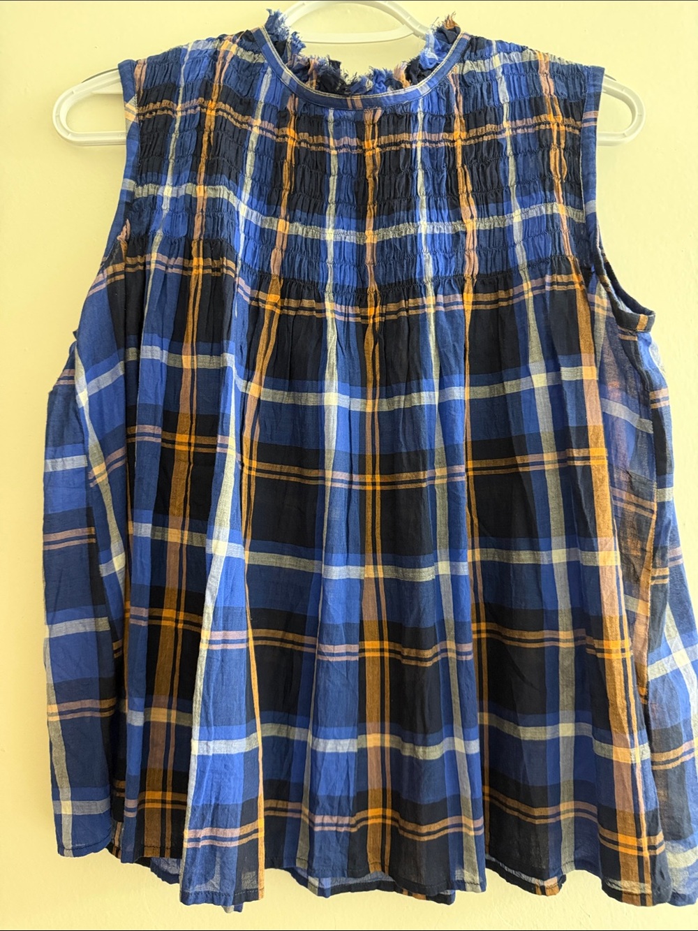 Women's Blue Plaid Sleeveless Smocked Tank Top from Anthropologie